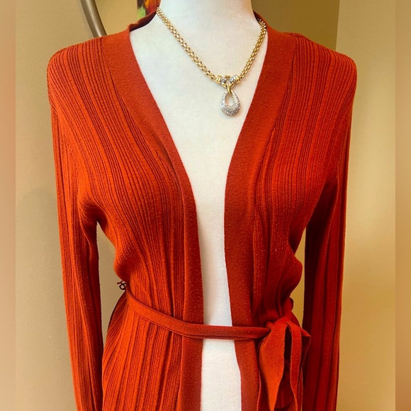 House of Harlow 1960 🧡Rust Orange Ribbed Open Front Tie Long Cardigan - Picture 1 of 4